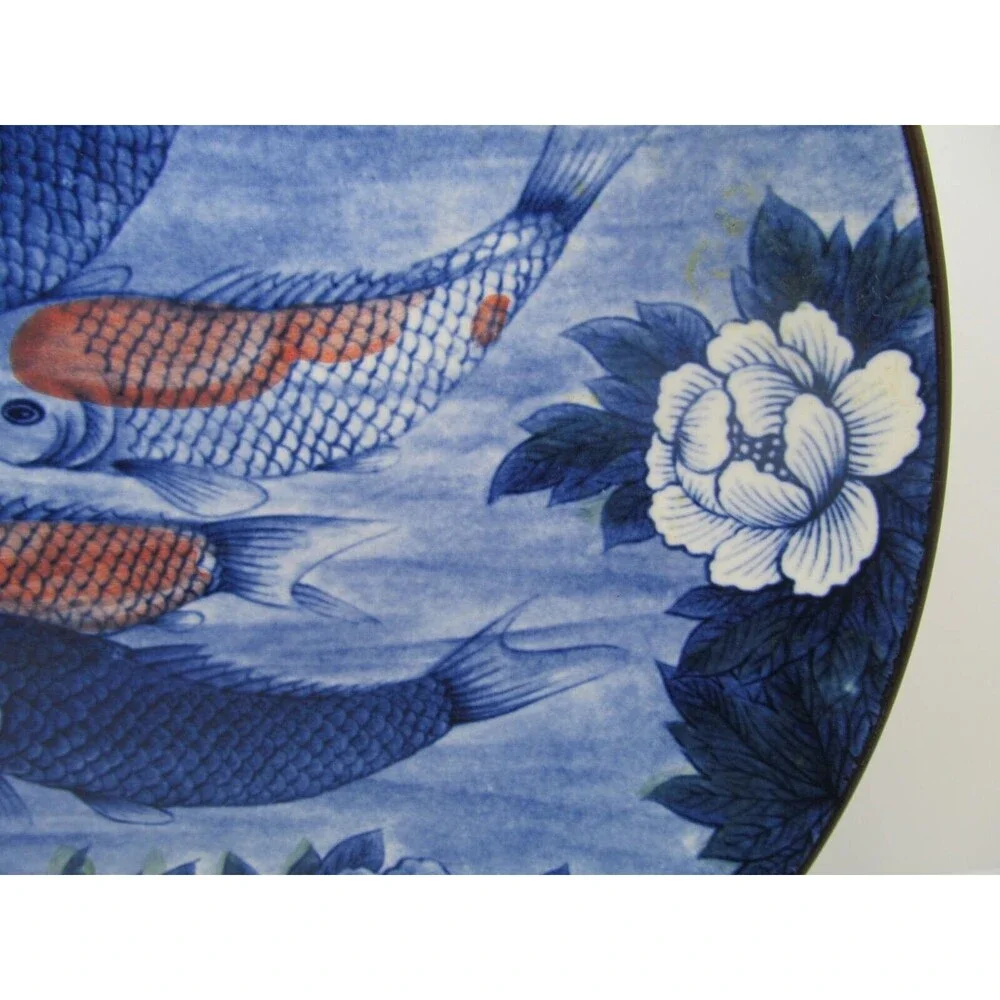 Vintage Japanese Toyo Koi Fish Blue Round Platter 12.5